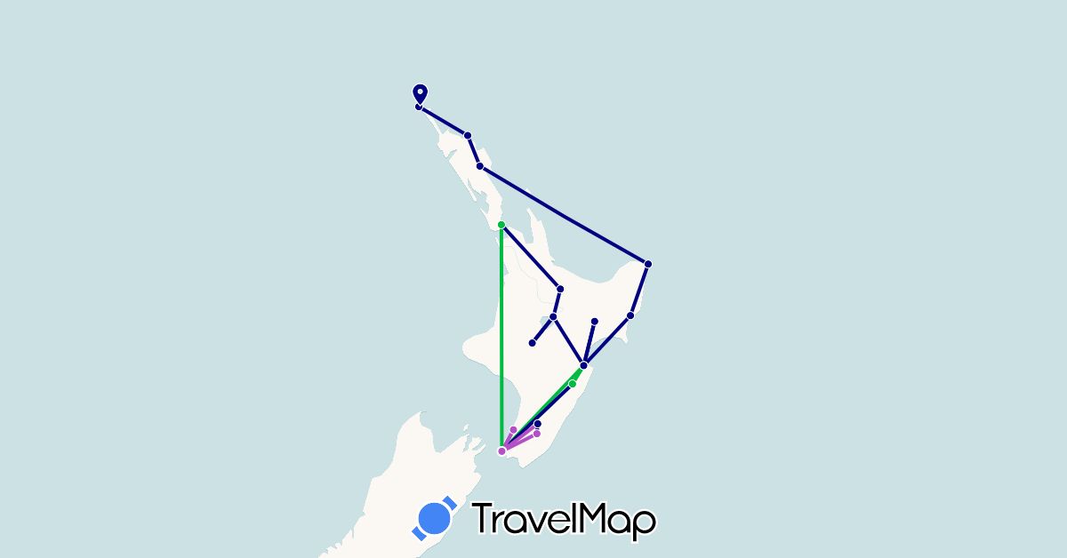 TravelMap itinerary: driving, bus, plane, train in New Zealand (Oceania)