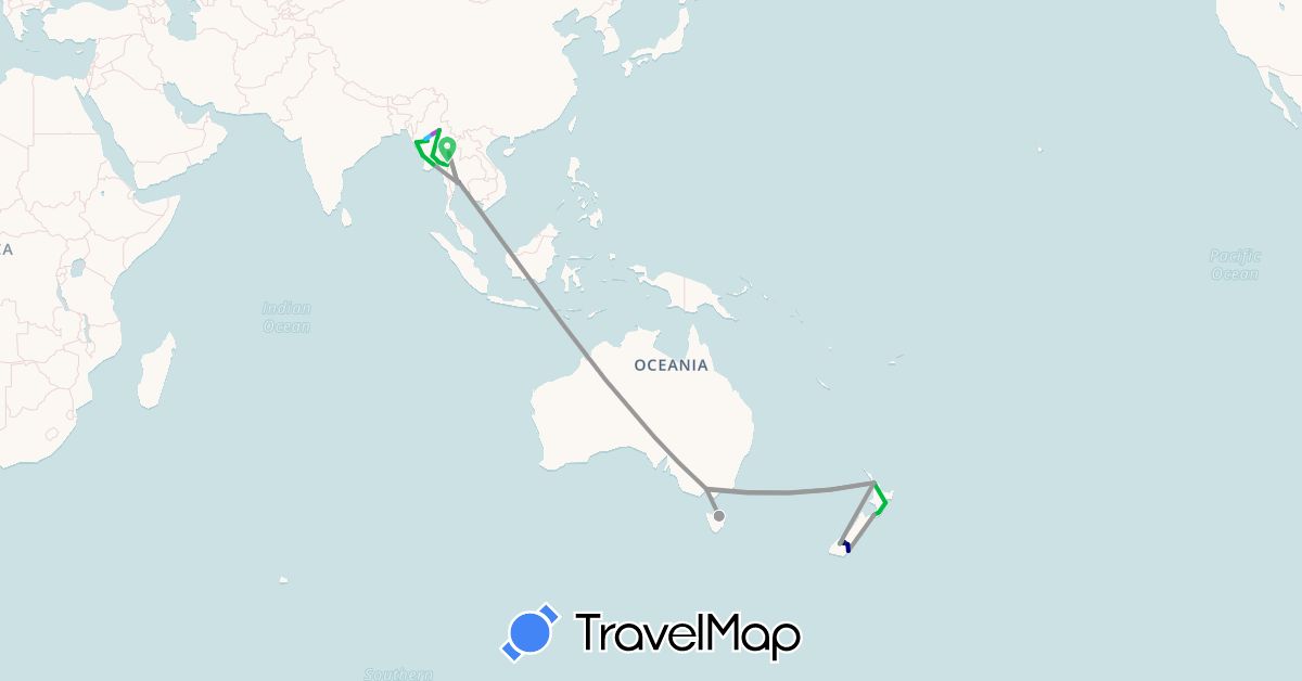 TravelMap itinerary: driving, bus, plane, train, boat, hitchhiking in Australia, Myanmar (Burma), New Zealand, Thailand (Asia, Oceania)