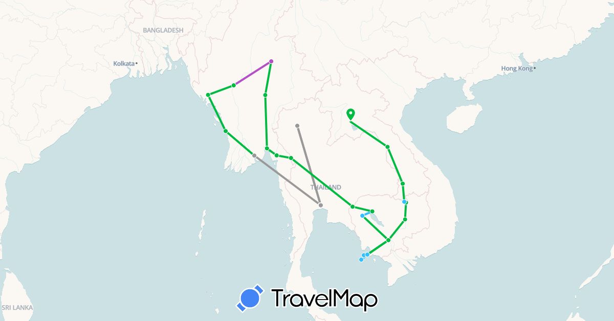 TravelMap itinerary: driving, bus, plane, train, boat in Cambodia, Laos, Myanmar (Burma), Thailand (Asia)